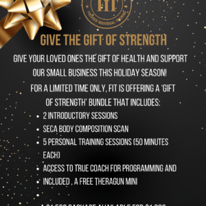 Flyer detailing the Gift of Strength Bundle, including health coaching, personal training, body composition analysis, and a Theragun Mini.