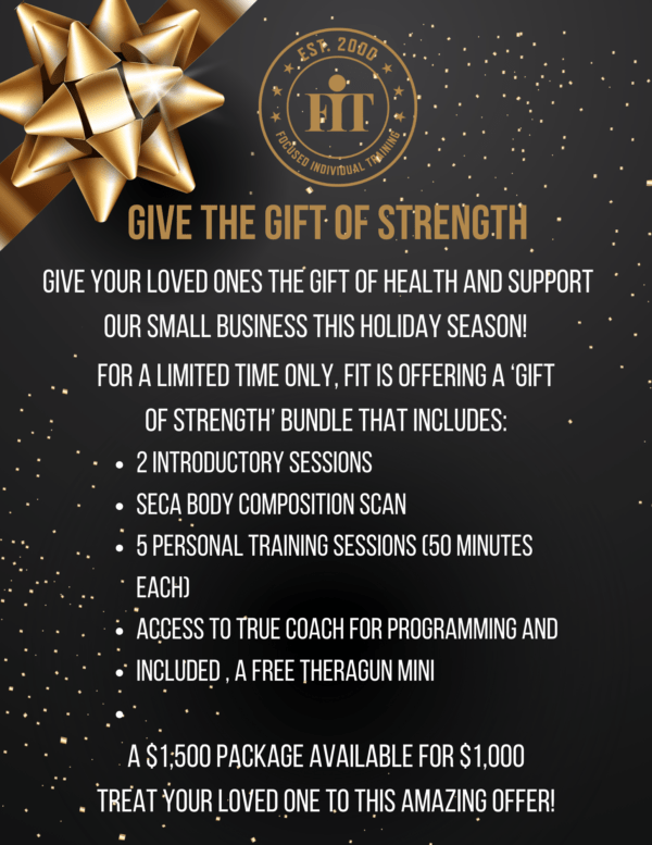 Flyer detailing the Gift of Strength Bundle, including health coaching, personal training, body composition analysis, and a Theragun Mini.