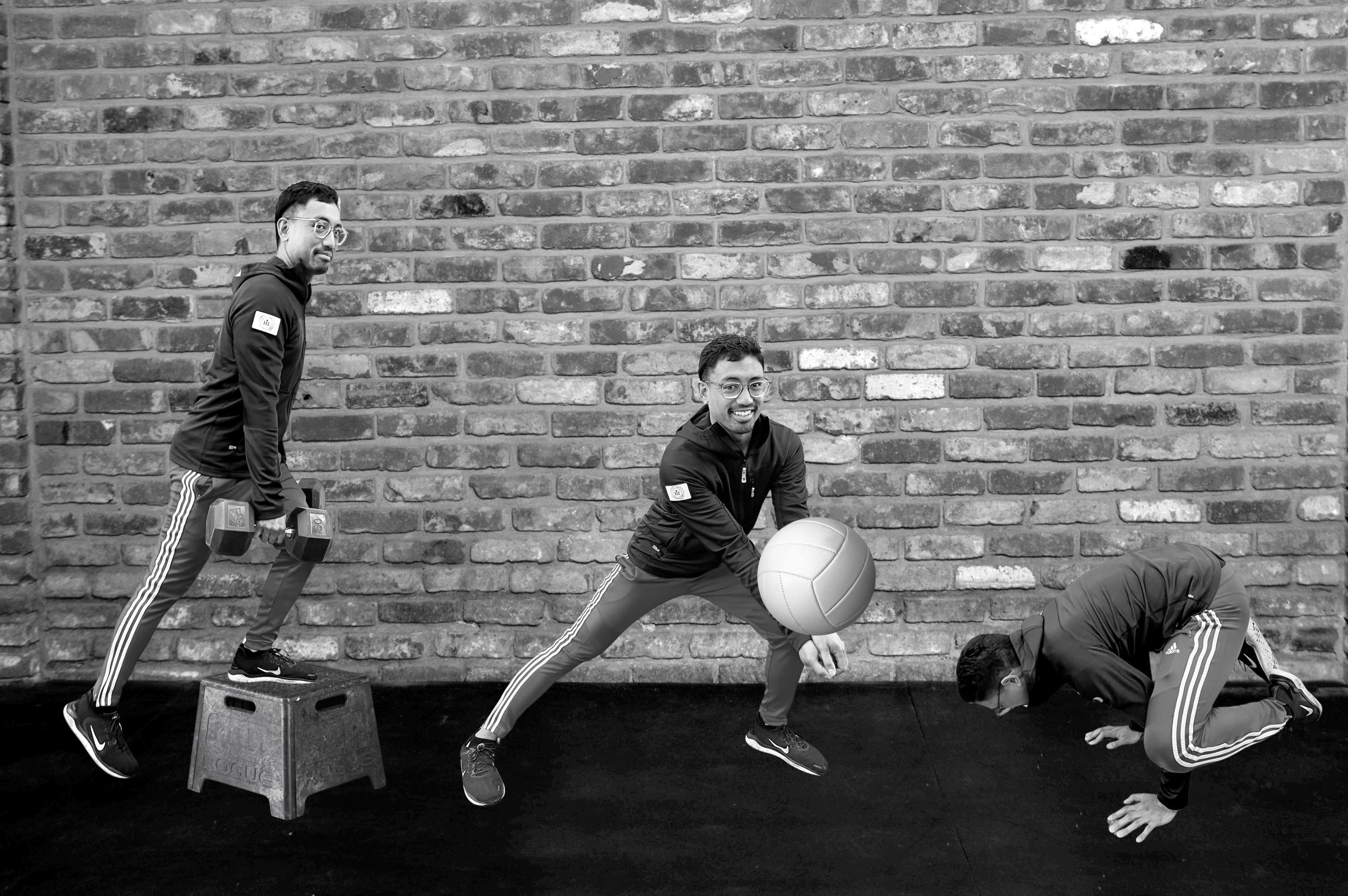 A composite black-and-white image of Matthew Gabayan, a fitness trainer, performing three different athletic movements: a step-up with dumbbells, a volleyball dig, and a crow yoga pose.