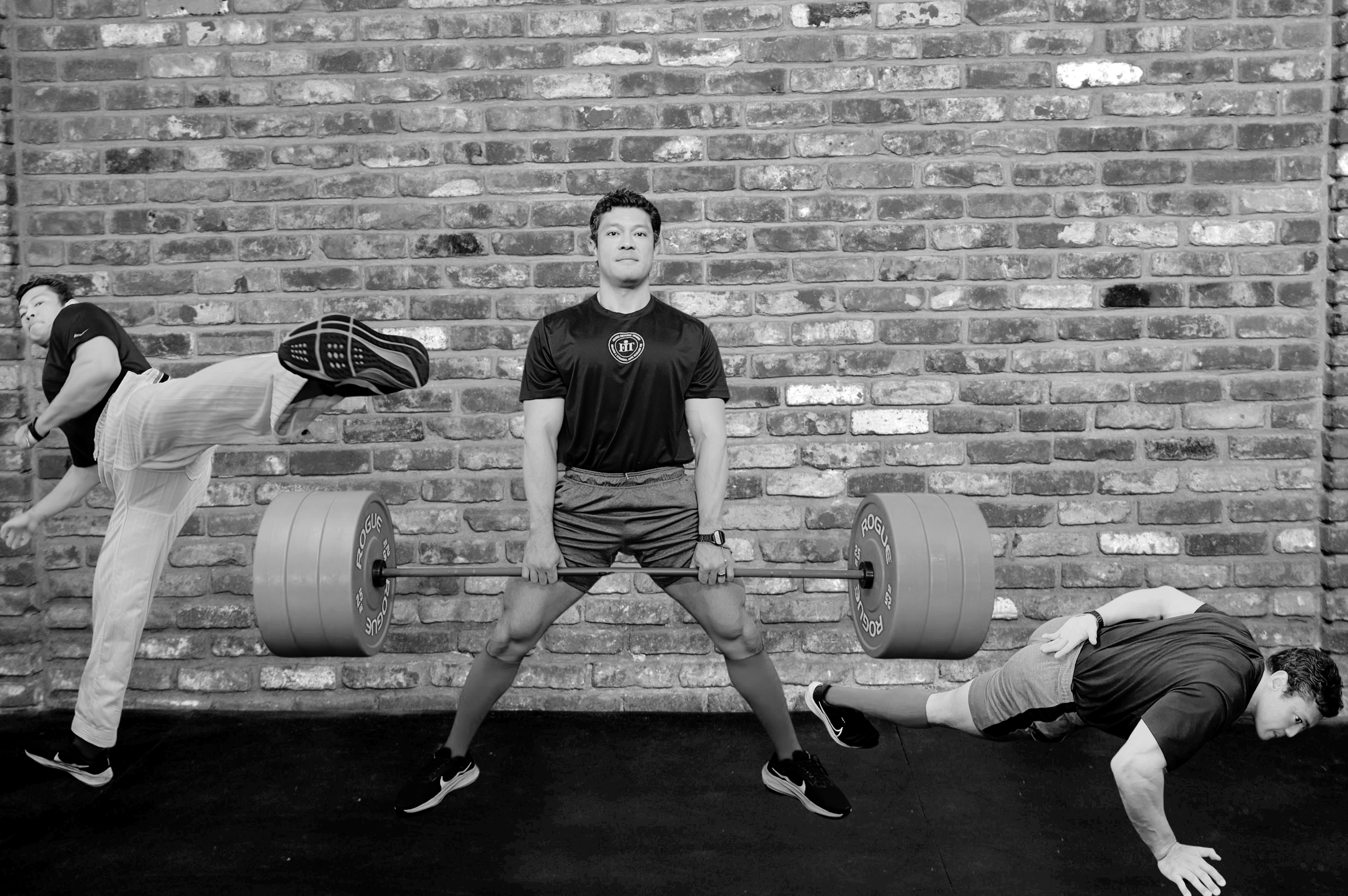 Christian Lee demonstrating his strength and agility in a creative gym setting, holding a barbell mid-deadlift while surrounded by dynamic action poses, showcasing his expertise and playful energy as a trainer at Focused Trainers.